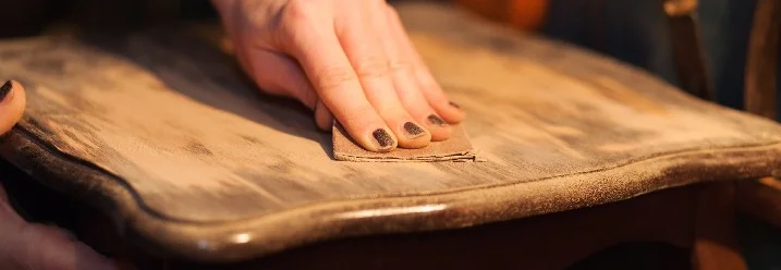 Person schleift Holzstuhl